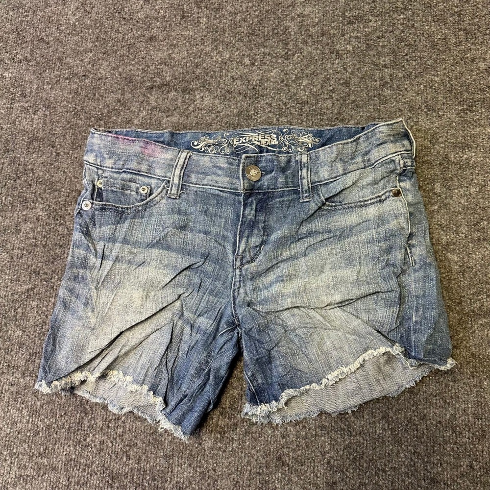 Express Denim Shorts Womens Size 4 Blue Sequin Raw Hem Low Rise Stretch Stained